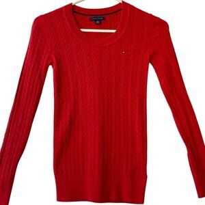 Tommy Hilfiger Apple Red Cotton Sweater Womens Size XXS Cable Knit Flag Preppy